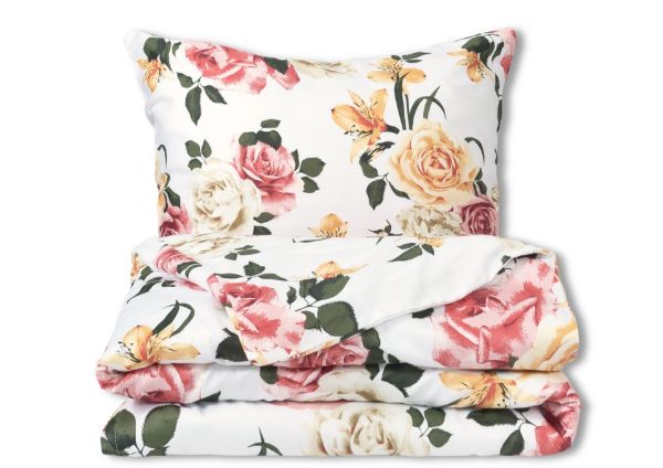 Obrazek Matex Pościel satynowa EXCLUSIVE 220x200, 70x80 róże z liliami na białym tle